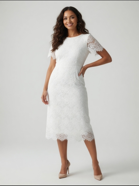Preston & York Dresses & Skirts - Preston & York White Lace Midi Dress with Scalloped Hem